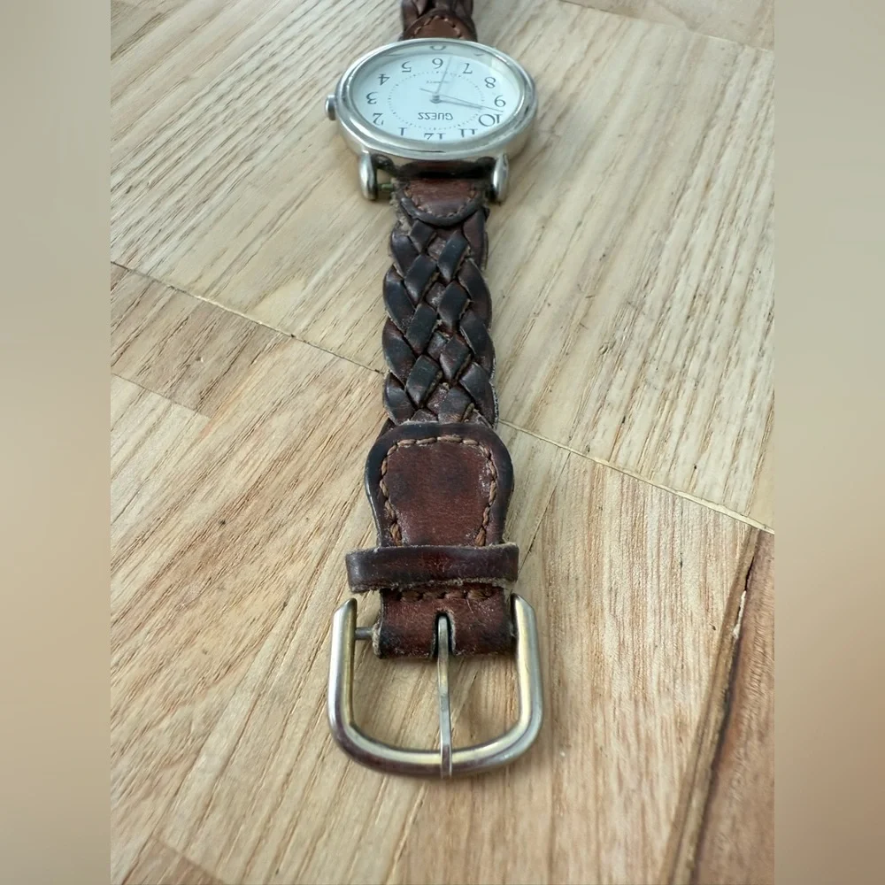 Vintage guess ladies silver tone brown braided leather watch NEW BATTERY